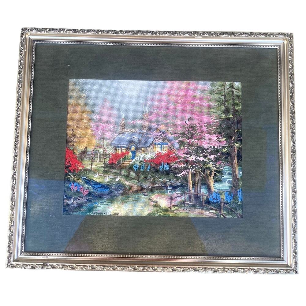 Thomas Kinkade Cross Stitch Swan Lake stepping stone cottage  finished & framed